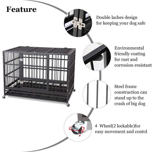  JY QAQA PET Heavy Duty Dog CageStrong Folding Metal Crate Kennel and Playpen for Medium and Large Dogs with Double Door, Two Prevent Escape Lock, Tray and Rolling Wheels (36” 42”