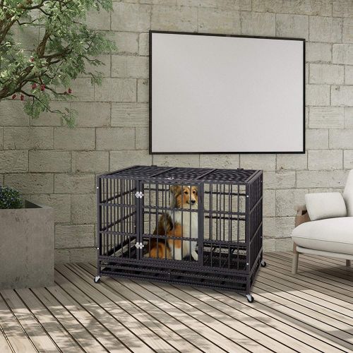  JY QAQA PET Heavy Duty Dog CageStrong Folding Metal Crate Kennel and Playpen for Medium and Large Dogs with Double Door, Two Prevent Escape Lock, Tray and Rolling Wheels (36” 42”