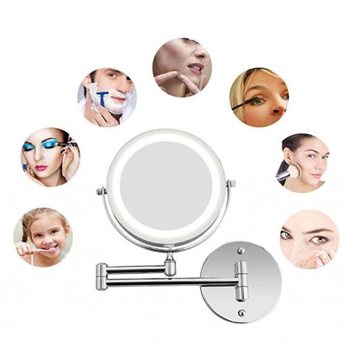  JZ Wall Mounted Mirror Bathroom Shaving Mirror with LED Lights and 5X Magnification 360° Free Rotation Retractable Mirror Round Shaped Double-Sided for Bathroom Spa and Hotel 8.5 I