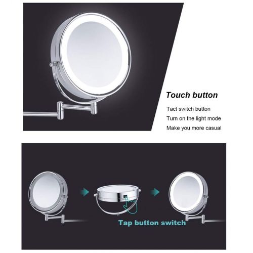  JZ Wall Mounted Mirror Bathroom Shaving Mirror with LED Lights and 5X Magnification 360° Free Rotation Retractable Mirror Round Shaped Double-Sided for Bathroom Spa and Hotel 8.5 I