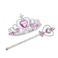 Jaasie Princess Crown Tiara and Wand Set Silver Heart Jewel Princess Accessories (Light Pink, 3 Diamonds)