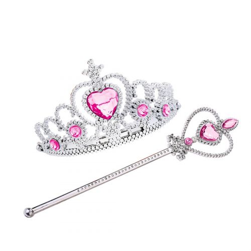  Jaasie Princess Crown Tiara and Wand Set Silver Heart Jewel Princess Accessories (Light Pink, 3 Diamonds)