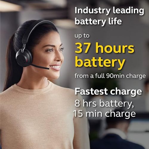 자브라 Jabra Evolve2 65 MS Wireless Headphones with Link380a, Stereo, Black - Wireless Bluetooth Headset for Calls and Music, 37 Hours of Battery Life, Passive Noise Cancelling Headphones