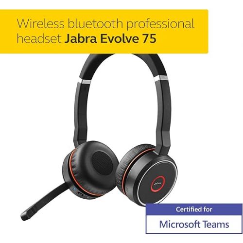 자브라 Jabra Evolve 75 MS Wireless Headset, Stereo - includes Link 370 USB Adapter - Bluetooth Headset with World-Class Speakers, Active Noise-Cancelling Microphone, All Day Battery