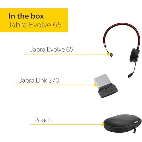 자브라 Jabra Evolve 65 UC Wireless Headset, Mono - includes Link 370 USB Adapter - Bluetooth Headset with Industry-Leading Wireless Performance, Passive Noise Cancellation, All Day Battery