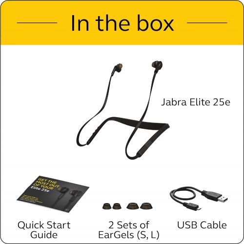 자브라 Jabra Elite 25e Wireless Earbuds, Black  Voice Assistant and Bluetooth Enabled, Around-the-Neck Style with a Secure Fit and Superior Sound for Music and Calls, Long Battery Life,