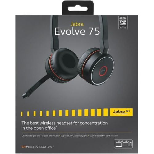 자브라 Jabra Evolve 75 UC Stereo Wireless Bluetooth Headset / Music Headphones Including Link 370 (U.S. Retail Packaging), Black