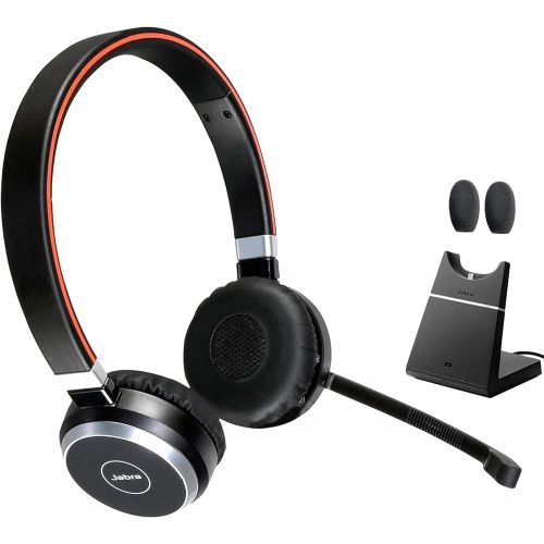 자브라 Jabra Evolve 65 Stereo Bluetooth Wireless UC Headphones Bundle - Global Teck Bonus Mic Cushions, USB Dongle, Charging Stand, Compatible with Softphones, Streaming Music, Smartphone