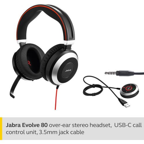 자브라 Jabra Evolve 80 UC Wired Stereo Over-Ear Headset ? Unified Communications Optimised Headphones with Active Noise Cancellation ? USB-C Cable and 3.5 mm Jack Connections ? Black