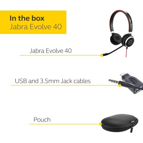 자브라 Jabra Evolve 40 Professional Wired Headset, Stereo, MS-Optimized ? Telephone Headset for Greater Productivity, Superior Sound for Calls and Music, 3.5mm Jack/USB Connection, All-Da