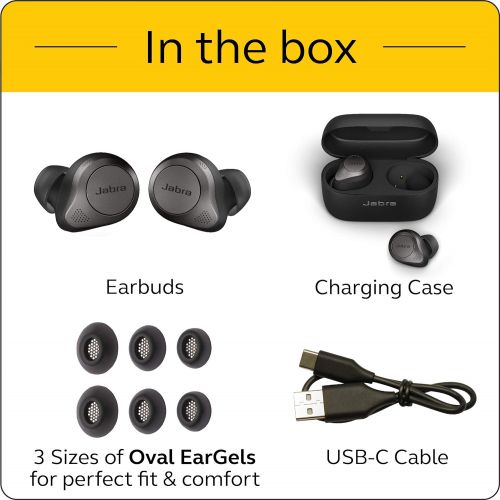 자브라 Jabra Elite 85t True Wireless Bluetooth Earbuds, Titanium Black ? Advanced Noise-Cancelling Earbuds with Charging Case for Calls & Music ? Wireless Earbuds with Superior Sound & Pr