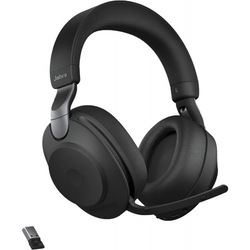 자브라 Jabra Evolve2 85 MS Wireless Headphones with Link380a, Stereo, Black ? Wireless Bluetooth Headset for Calls and Music, 37 Hours of Battery Life, Advanced Noise Cancelling Headphone