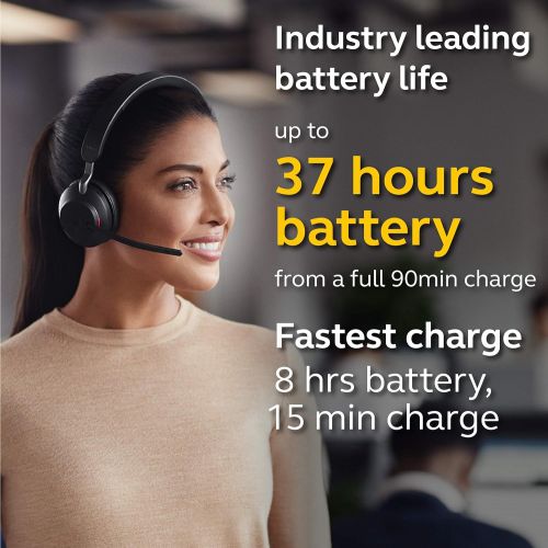 자브라 Jabra Evolve2 65 MS Wireless Headphones with Link380a, Stereo, Black ? Wireless Bluetooth Headset for Calls and Music, 37 Hours of Battery Life, Passive Noise Cancelling Headphones