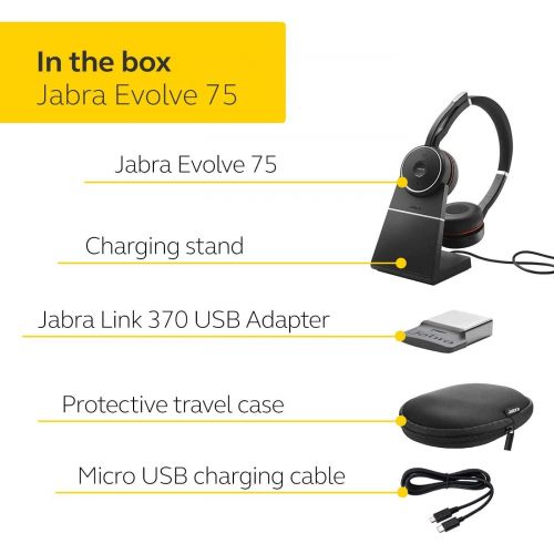 자브라 [아마존베스트]Jabra Evolve 75 MS Wireless Headset, Stereo  Includes Link 370 USB Adapter and Charging Stand  Bluetooth Headset with World-Class Speakers, Active Noise-Cancelling Microphone, Al