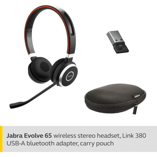 자브라 Jabra Evolve 65 MS Wireless Headset, Stereo ? Includes Link 370 USB Adapter ? Bluetooth Headset with Industry-Leading Wireless Performance, Advanced Noise-Cancelling Microphone, Al