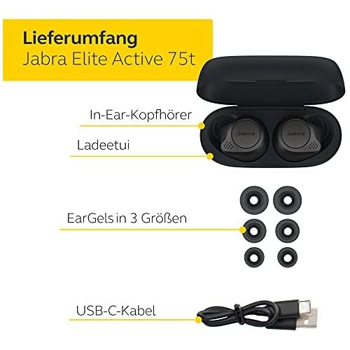 자브라 [아마존베스트]Jabra Elite 75t True Wireless Stereo In-Ear Headphones (Bluetooth 5.0, 28 Hours’ Battery Life, with Charging Case), Sports, titanium black