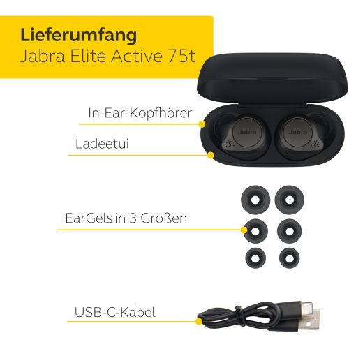 자브라 [아마존베스트]Jabra Elite 75t True Wireless Stereo In-Ear Headphones (Bluetooth 5.0, 28 Hours’ Battery Life, with Charging Case), Sports, titanium black