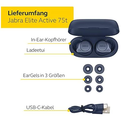 자브라 [아마존베스트]Jabra Elite 75t True Wireless Stereo In-Ear Headphones (Bluetooth 5.0, 28 Hours’ Battery Life, with Charging Case), Sports, navy blue