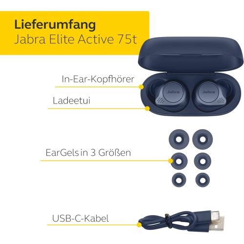 자브라 [아마존베스트]Jabra Elite 75t True Wireless Stereo In-Ear Headphones (Bluetooth 5.0, 28 Hours’ Battery Life, with Charging Case), Sports, navy blue