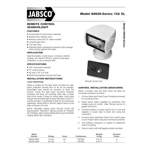  Jabsco 60020 Series, 135SL Marine Remote Control Halogen Searchlight, Joystick Control, 100000 CP