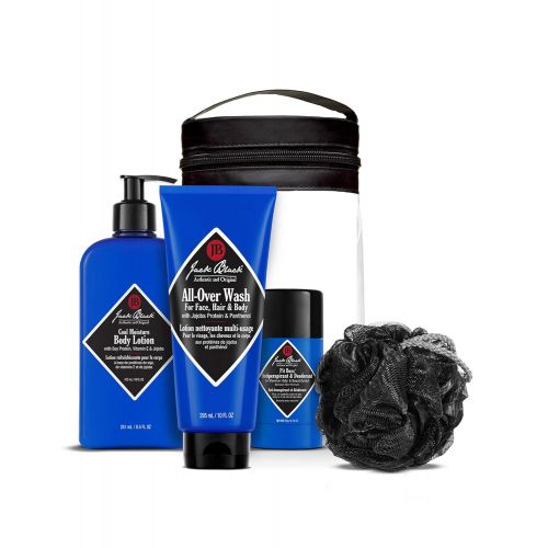  JACK BLACK  Clean & Cool Body Basics Set  All-Over Wash for Face, Hair & Body, Pit Boss Antiperspirant & Deodorant, Cool Moisture Body Lotion, Deluxe Black Netted Sponge, Wax Can