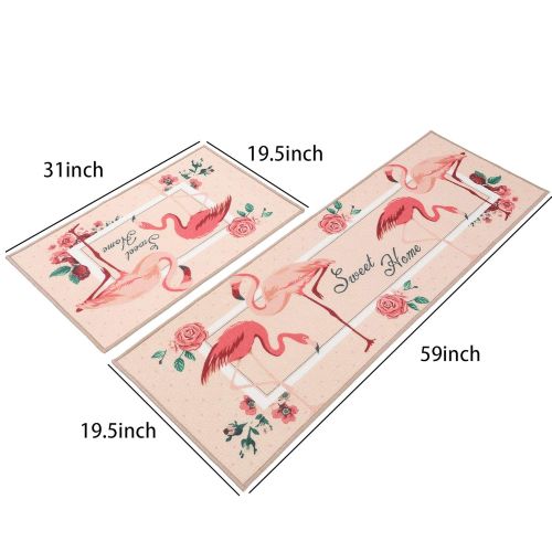  Jackson 2 Piece Kitchen Mat with Flamingo Design,Non-Slip Kitchen Floor Mat Doormat Runner Rug Set(19.5x31.5+19.5x59)