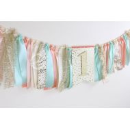 /JacqsCraftyCorner Coral, Mint and Gold Ribbon Banner 36 inches | Coral, Peach, Mint, Ivory and Gold First Birthday High Chair Banner