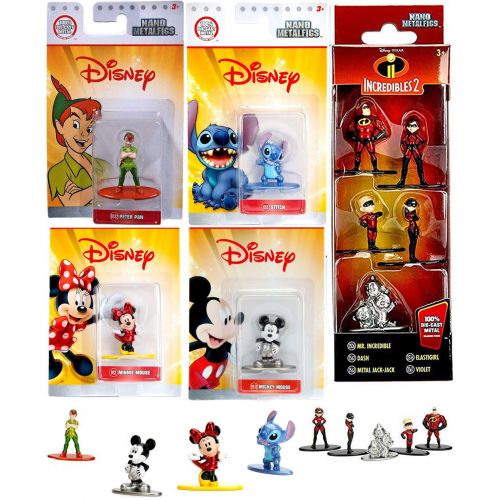 자다 Jada Tooned Incredible Disney Mini Figure Set Nano Metal Pack Stitch / Peter Pan / Minnie Mouse + Black & White Mickey + Pixar 5 incredibles Dash / Jack Jack / Elastigirl / Violet Die-C