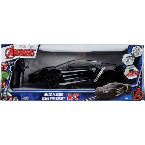 자다 Jada Toys 253226001 Marvel Panther Lykan Hypersport Turbo RC Car with Remote Control, Forward/Backward/Left/Right, 1:16 Scale USB Charging Function, Black