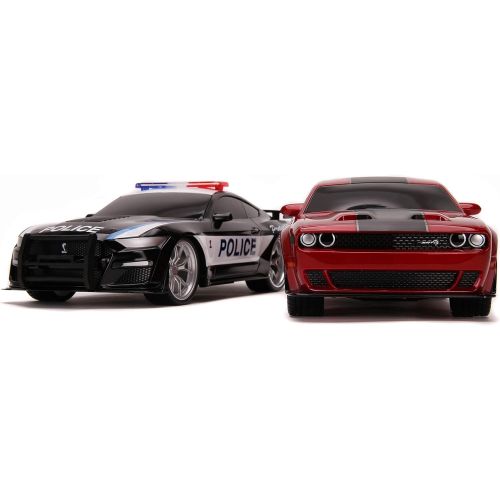 자다 Jada Toys Hyperchargers 1:16 2020 Ford Mustang Shelby GT500 & 2019 Dodge Challenger SRT Remote Control Car, Toys for Kids and Adults