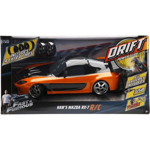 자다 Jada Toys Fast & Furious Han’s Mazda RX-7 Drift RC Car, 1: 10 Scale 2.4Ghz Remote Control Orange & Black, Ready to Run, USB Charging (Standard) (99700)