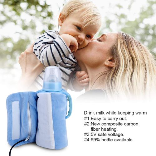  Jadeshay Baby Bottle Warmer - Crystal Velvet USB Portable Travel Mug Milk Heater Bottle Heater Feeding Bottle Infant Storage Bag, Sandwich Type Structure Heat Insulation Safe Design(Blue)