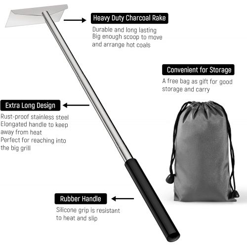  Jakeei 26.8 Extendable BBQ Ash Tool Stainless Steel Charcoal Ash Rake Ash Removal Tool Charcoal Garden Tools Grill Cleaning Tools Corner Cleaner Accessories with Storage Bag (1)