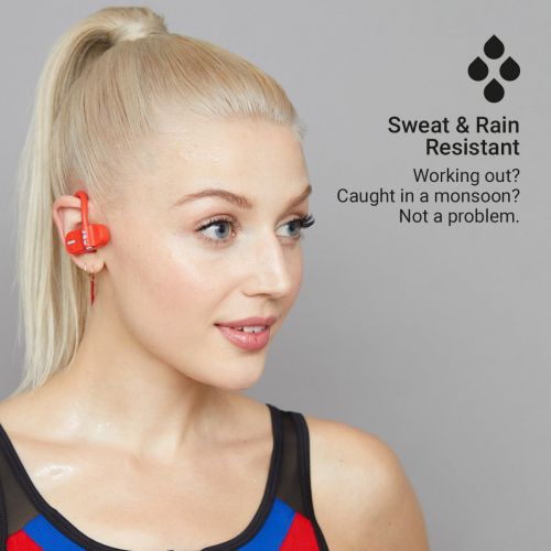  Jam JAM Live Fast Workout Earphones 30 ft. Bluetooth Range, IP67 Sweat Resistant Earbuds 3 Sizes Included, 12 Hour Battery Life, Hands-Free Calling Red