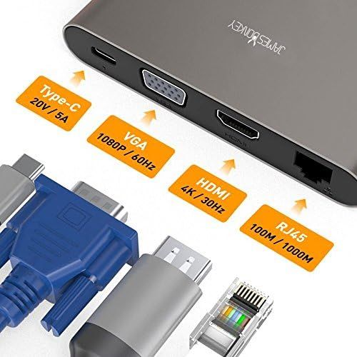  James Donkey USB Type C Hub Thunderbolt 3 Hub Universal Laptop Docking Station with HDMIVGA and Gigabit Ethernet, Power Delivery up to 100W,3 USB 3.0 Ports Type C Hub for Type-c Devices