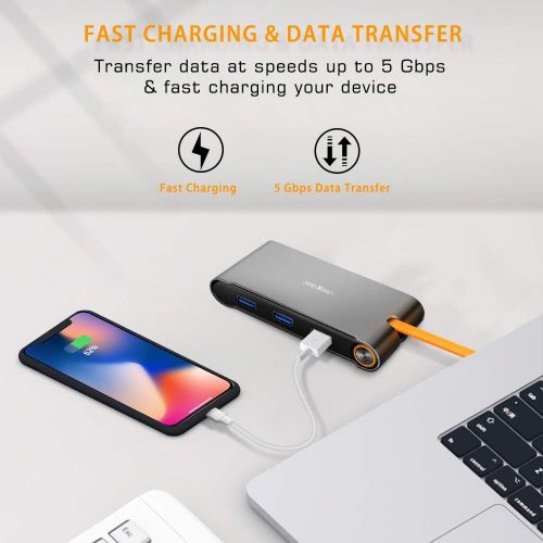  James Donkey USB C HUB - 7-in-1 Type C Hub Adapter Docking Station w/Ethernet Port, 4K USB C to HDMI, VGA, 3 USB 3.0 Ports, 100W USB-C PD Fast Charge Portable for MacBook Pro, Switch & Meeting,