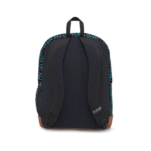  Trans by JanSport 17 Super Cool Backpack - Geometric Print - Teal/Black with Brown Synthetic Leather Base - 15 Laptop Sleeve