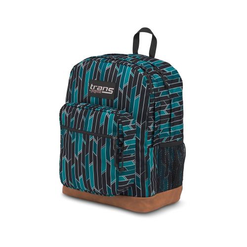  Trans by JanSport 17 Super Cool Backpack - Geometric Print - Teal/Black with Brown Synthetic Leather Base - 15 Laptop Sleeve