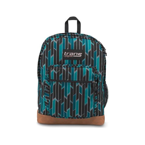  Trans by JanSport 17 Super Cool Backpack - Geometric Print - Teal/Black with Brown Synthetic Leather Base - 15 Laptop Sleeve