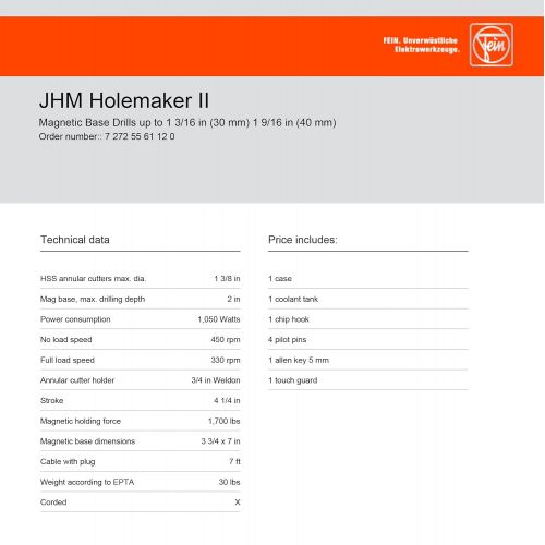  Jancy Holemaker II Portable Magnet-Base Drill, 120V, 11.5 Amp Motor, 1-38 Diameter x 2 Depth Capacity