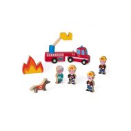 Janod Mini Story Box Toy - 8 Piece Imagination and Roll Playing Game - Firefighters Painted Wooden People Play Set with Firemen, Person, Rescue Dog, Fire, and Ladder for Imaginativ