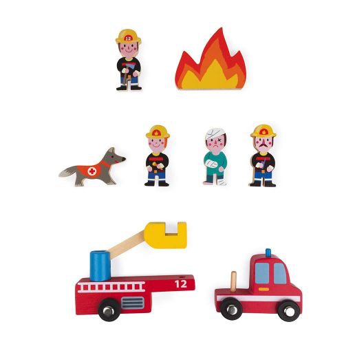  Janod Mini Story Box Toy - 8 Piece Imagination and Roll Playing Game - Firefighters Painted Wooden People Play Set with Firemen, Person, Rescue Dog, Fire, and Ladder for Imaginativ