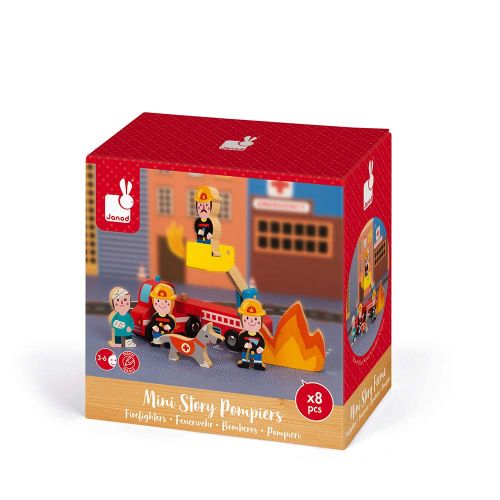  Janod Mini Story Box Toy - 8 Piece Imagination and Roll Playing Game - Firefighters Painted Wooden People Play Set with Firemen, Person, Rescue Dog, Fire, and Ladder for Imaginativ