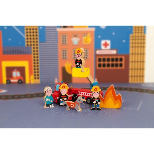  Janod Mini Story Box Toy - 8 Piece Imagination and Roll Playing Game - Firefighters Painted Wooden People Play Set with Firemen, Person, Rescue Dog, Fire, and Ladder for Imaginativ