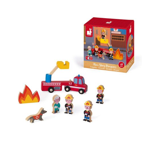  Janod Mini Story Box Toy - 8 Piece Imagination and Roll Playing Game - Firefighters Painted Wooden People Play Set with Firemen, Person, Rescue Dog, Fire, and Ladder for Imaginativ