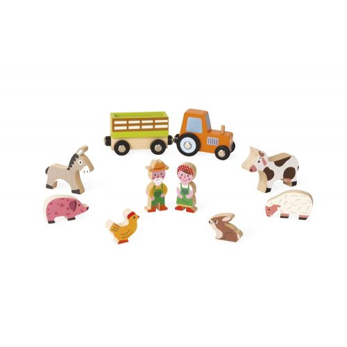  Janod Mini Story Box Toy - 10 Piece Imagination and Roll Playing On The Farm Painted Wooden People and Animal Play Set with for Imaginative Play for Ages 3+