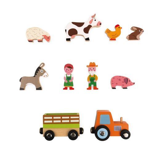  Janod Mini Story Box Toy - 10 Piece Imagination and Roll Playing On The Farm Painted Wooden People and Animal Play Set with for Imaginative Play for Ages 3+