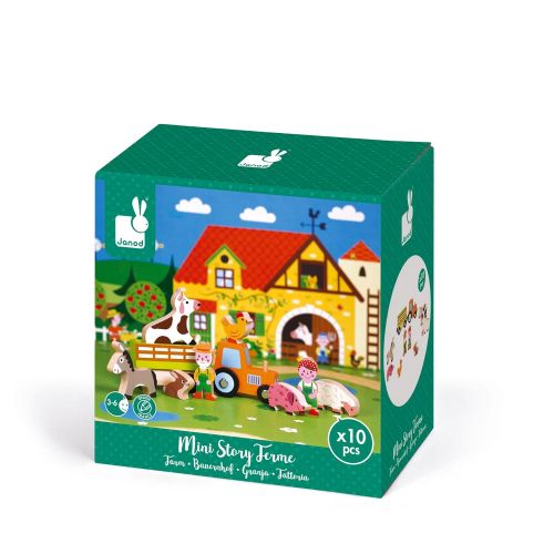  Janod Mini Story Box Toy - 10 Piece Imagination and Roll Playing On The Farm Painted Wooden People and Animal Play Set with for Imaginative Play for Ages 3+