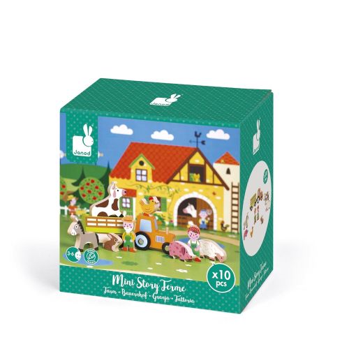  Janod Mini Story Box Toy - 10 Piece Imagination and Roll Playing On The Farm Painted Wooden People and Animal Play Set with for Imaginative Play for Ages 3+