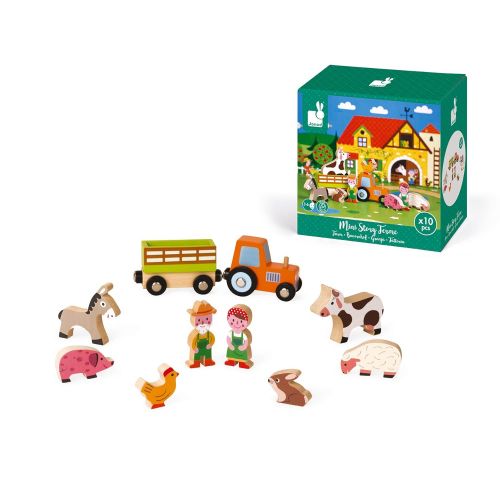  Janod Mini Story Box Toy - 10 Piece Imagination and Roll Playing On The Farm Painted Wooden People and Animal Play Set with for Imaginative Play for Ages 3+